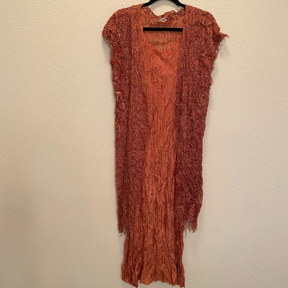 Artistic dress & “jacket”, crystal pleat tank dress, crocheted, ribboned overlay